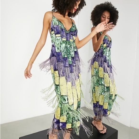 ASOS Green and Purple Sequin Maxi Dress - Picture 1 of 4